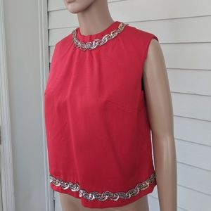 60s Red Blouse Sleeveless Sequin Vintage Shell S